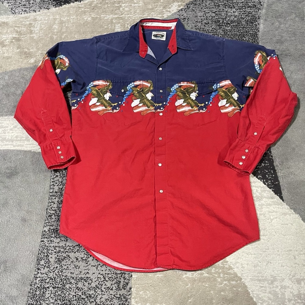 Cumberland Outfitters Western Shirt‎ Men XL Red Blue Eagle USA Print Pearl Snap